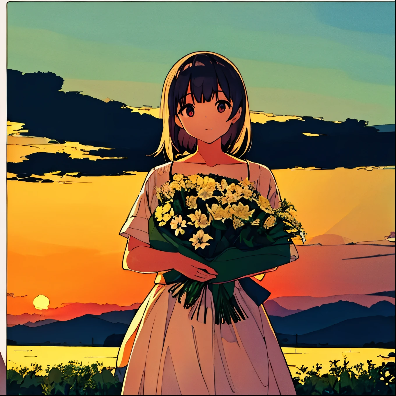 Girl with a bouquet Modern Cumulonimbus Summer Flower shop Sunset Plain background Simple