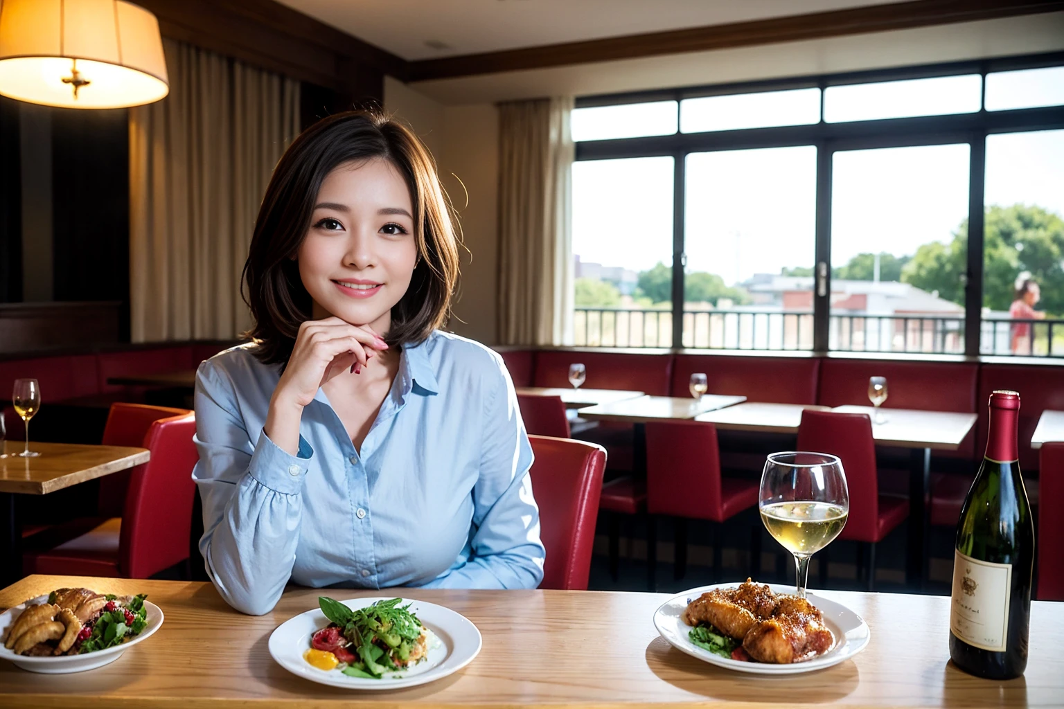 ((Highest quality、8k、masterpiece:1.3))、cute、slimカップル、modelカップル、actress男優、(Realistic, Intricate details:1.2), full-course dinner、Wine Party、Amazing view of the sunset sky and clouds、A bright smile、short hair,Bright Face、 (45 years old), 42 years old, red wine 、Appetizers、Italian food、Wine bottle、Champagne、sparkling wine、Two beauties、Brown Hair、Shortcuts、Long sleeve shirt、dress、Beautiful woman 1, (slimな顔), (The body is slim), (Brown Hair), (Shortcuts), cheeks turn a little red,Attractive beauty、restaurant, In a prominent place (From the waist up) Nova Frog Style, actress, model, Upper Body, White wine, slim, wine glass, 中央に置かれたwine glass, smile, (smile: 1.15), Beautiful fine grain, Depth f/2,saturation, High Contrast, Strong light and shadow,Moist Body:1.5、3D texture、Delicate eyes、Brown Hair、The hair is very shiny、