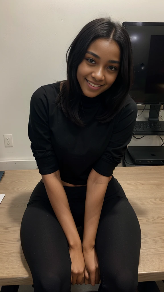 20-year-old smiling sexy Ghanaian girl, attractive girl, long hair, black hair, brown eyes, clean eyes, black bob-cut, sitting at the office, pc on the office table, hips cocked, wearing black yoga pants, cinematic, (Shonda Rhimes:0.5), (hyper-realistic)