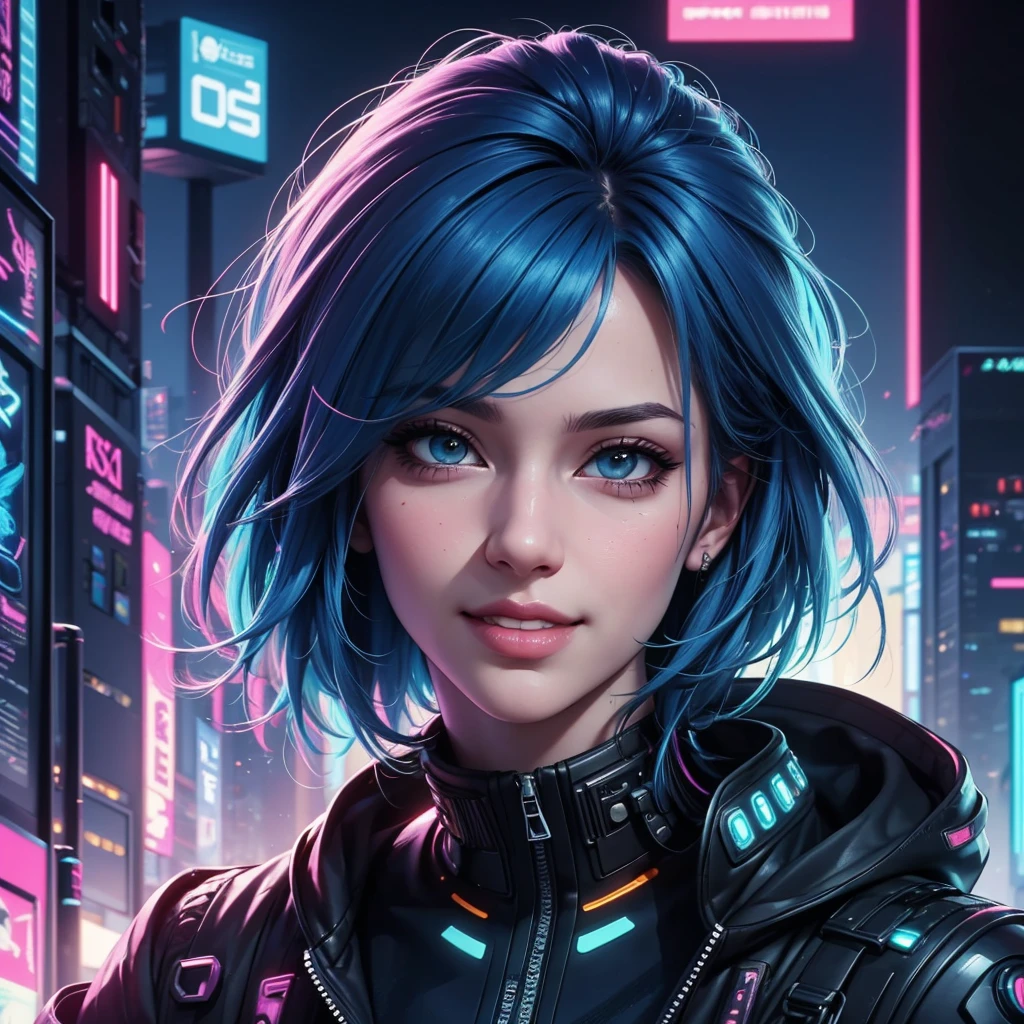 there is a woman with blue hair and a jacket, hyper-realistic cyberpunk style, realistic art style, Retrato ciberpunk, 🤤 portrait of , cyberpunk artstyle, cyberpunk anime digital art, Retrato de RossDraws, garota cyberpunk sonhadora, the cyberpunk portrait of , portrait of cg society, cyberpunk style , hyper realist, realism art style, photorealistic art style, rossdraws pastel vibrante, smiling, 80s comic style image