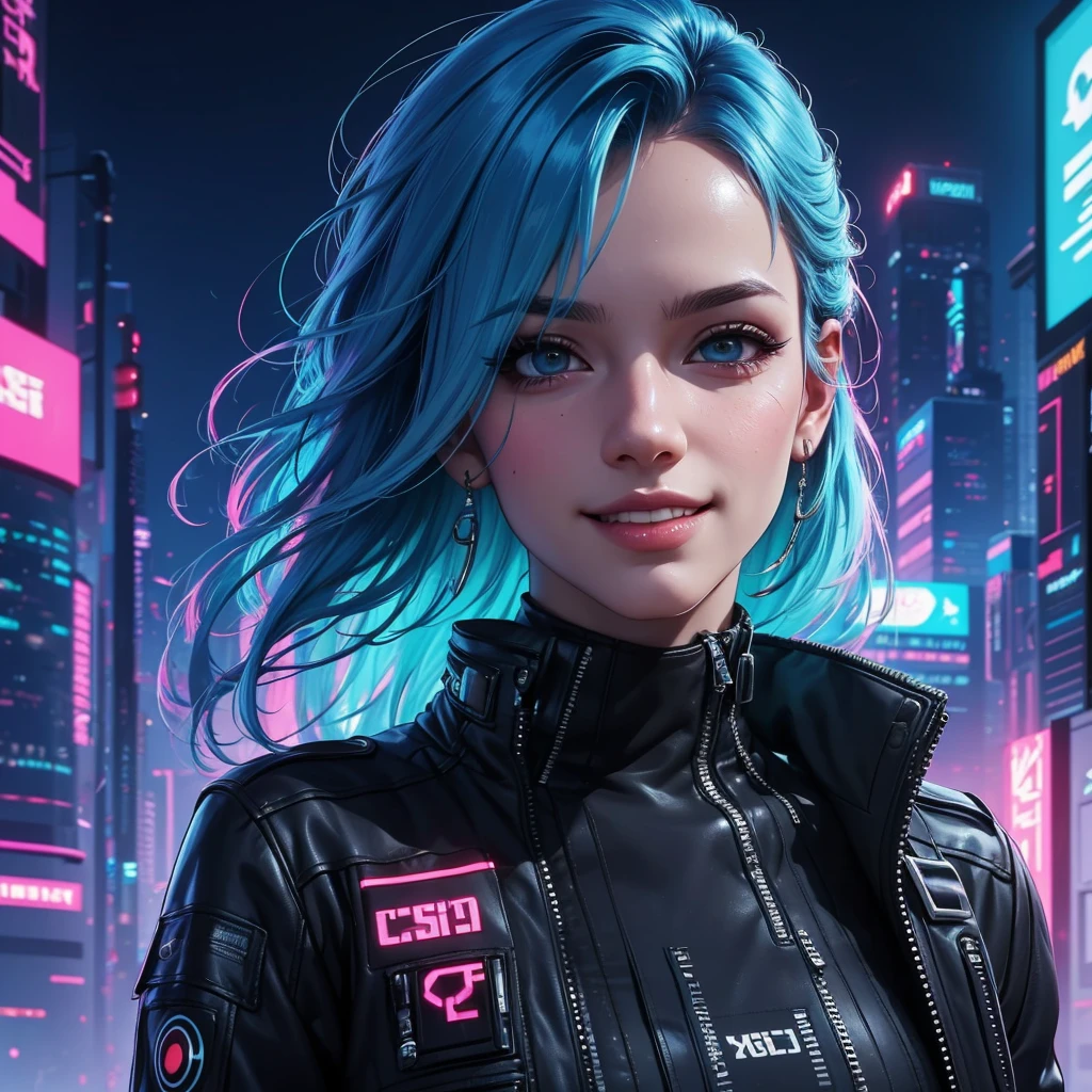 there is a woman with blue hair and a jacket, hyper-realistic cyberpunk style, realistic art style, Retrato ciberpunk, 🤤 portrait of , cyberpunk artstyle, cyberpunk anime digital art, Retrato de RossDraws, garota cyberpunk sonhadora, the cyberpunk portrait of , portrait of cg society, cyberpunk style , hyper realist, realism art style, photorealistic art style, rossdraws pastel vibrante, smiling, 80s comic style image