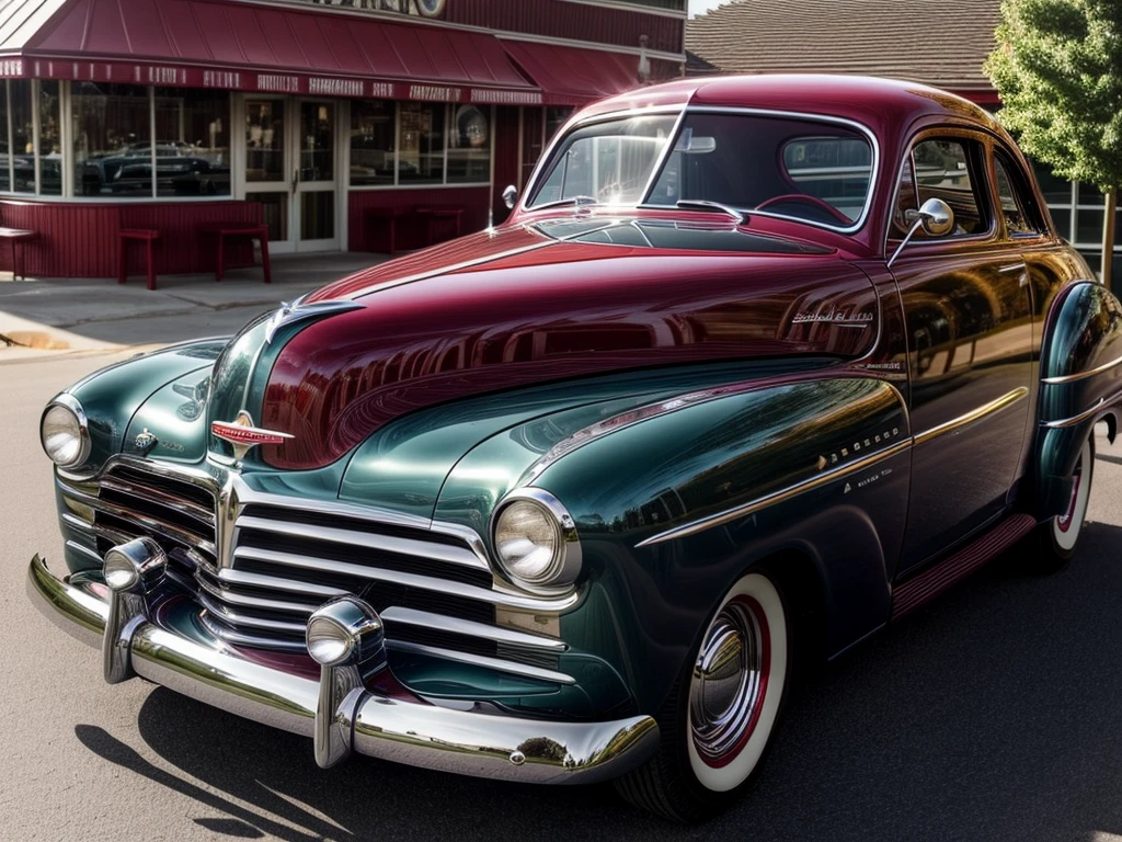 Picture a 1952 Dodge Kingsway Custom parked outside of a Restaurant, its chrome grille catching the sunlight, embodying an era of post-war optimism and automotive innovation, distant shot wide angle