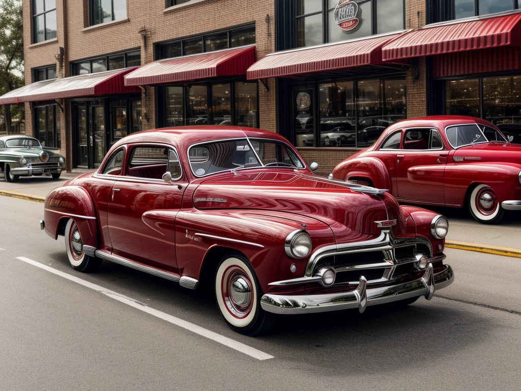 Picture a 1952 Dodge Kingsway Custom parked outside of a Restaurant, its chrome grille catching the sunlight, embodying an era of post-war optimism and automotive innovation, distant shot wide angle