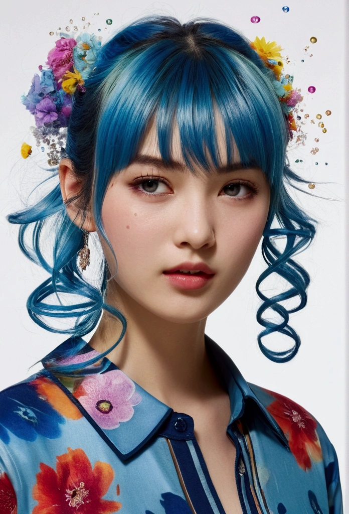 (masterpiece), (Highest quality), (Super detailed),(Disheveled Hair),(figure), (One girl), (Fashionable clothes), Are standing, Fashion Model, View your viewers, (interview), (Simple Background),Beautiful attention to detail, Delicate and beautiful face, floating,(High saturation),(Colorful splashes),Colorful Bubbles,(The Shining), Focus on the face, ponytail, kamisato ayaka, Light blue hair, bangs, Hair Ring, Floating Flowers, Floating hair, (The Shining), Best lighting, Best Shadow,