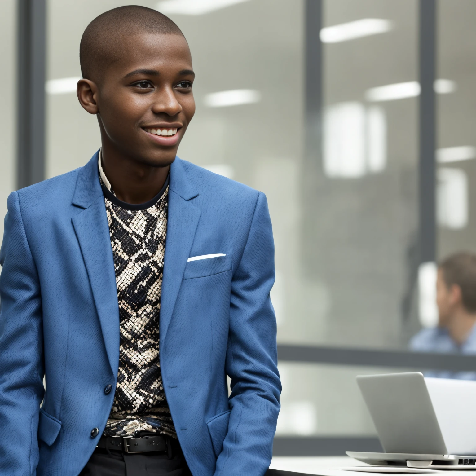 Black boy around 22 years old, good looking and smiling, buzz cut hairstyle, python programmer, inside an office, blue blazer, looking through glass windows, futuristic city, strategist look, laptop, apple laptop, cinematic, ultra realistic, highly detailed (masterpiece)