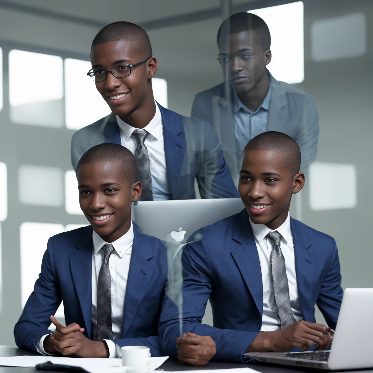 Black boy around 22 years old, good looking and smiling, buzz cut hairstyle, python programmer, inside an office, blue blazer, looking through glass windows, futuristic city, strategist look, laptop, apple laptop, cinematic, ultra realistic, highly detailed (masterpiece)