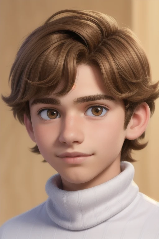 A 14 year old young man, With shaggy brown hair, nice face, Boxy face, And brown eyes, Wear a white turtleneck.,Close-up photo of a person