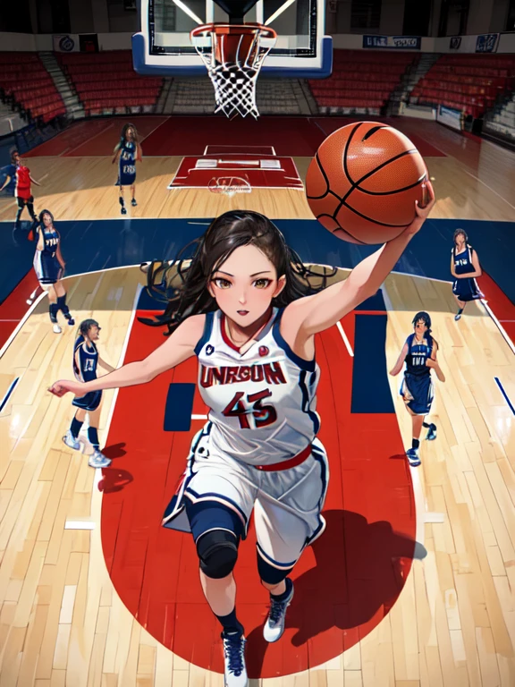 ((Masterpiece, top quality, high resolution)), Women's basketball player, making a powerful dunk shot, seen from above, uhd, retina, masterpiece, ccurate, anatomically correct, textured skin, super detail, high details, high quality, best quality, highres, 4K