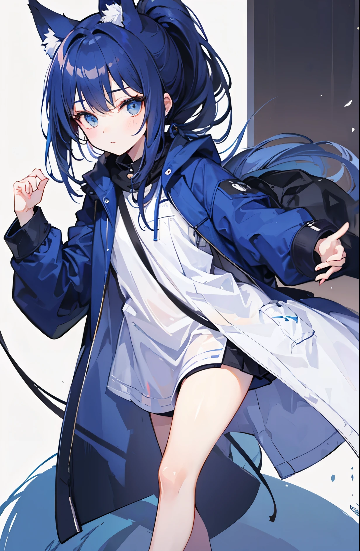 Dark blue fox-like high ponytail,Simple light blue cotton coat,Petite cute sweet lady girl