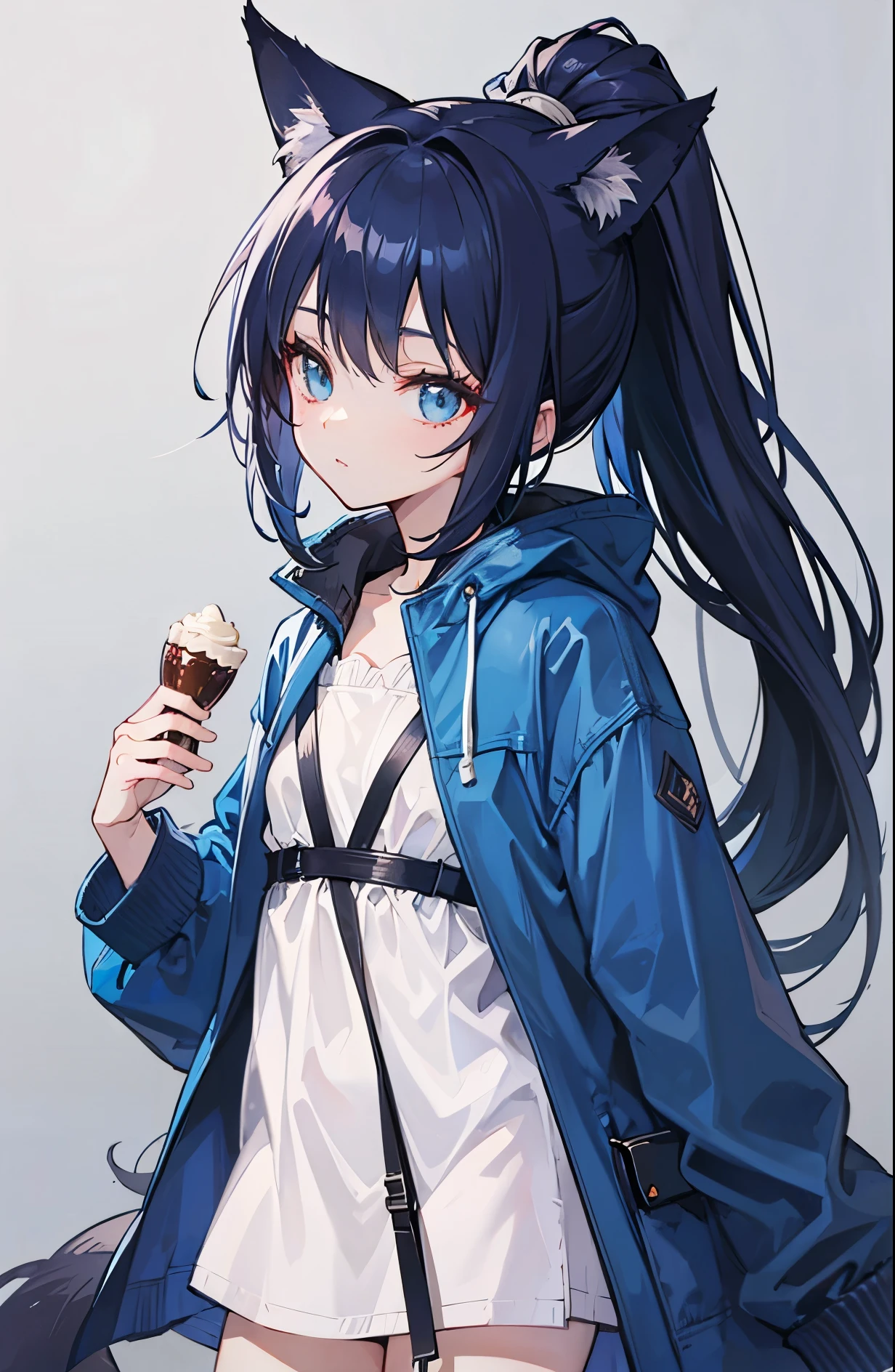 Dark blue fox-like high ponytail，Simple light blue cotton coat，Petite cute sweet lady girl