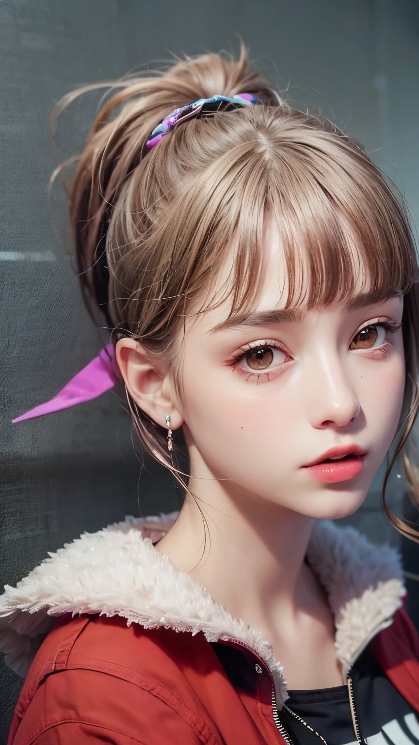 Masterpiece hyperrealist & Photorealistic beautiful girl, Realistic Skin (Pore-filled skin) Short Bob Cut Hair, Realistic red lips,Punk Girl, (head shot:1.5),Shorts