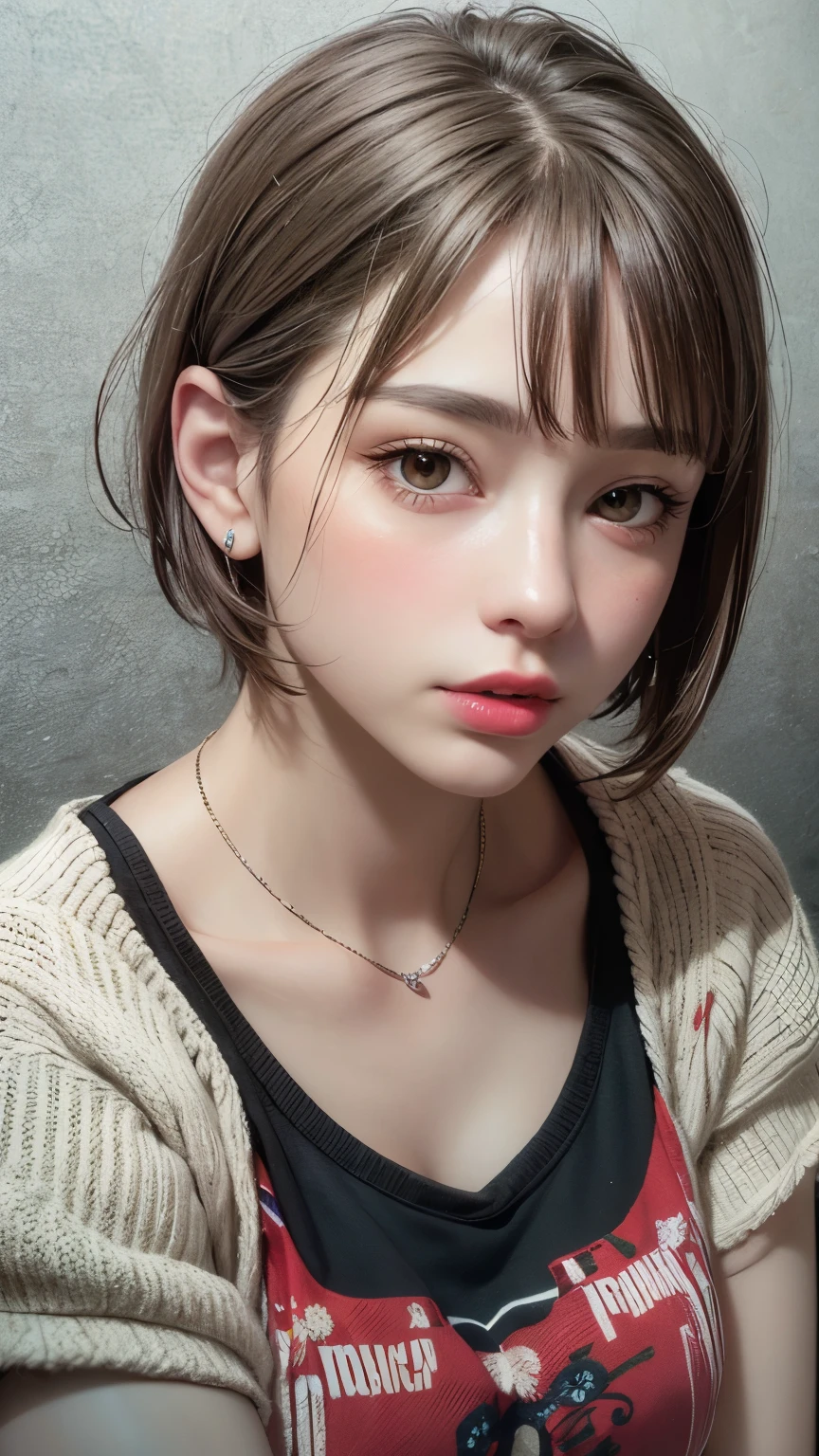 Masterpiece hyperrealist & Photorealistic beautiful girl, Realistic Skin (Pore-filled skin) Short Bob Cut Hair, Realistic red lips,Punk Girl, (head shot:1.5),Shorts