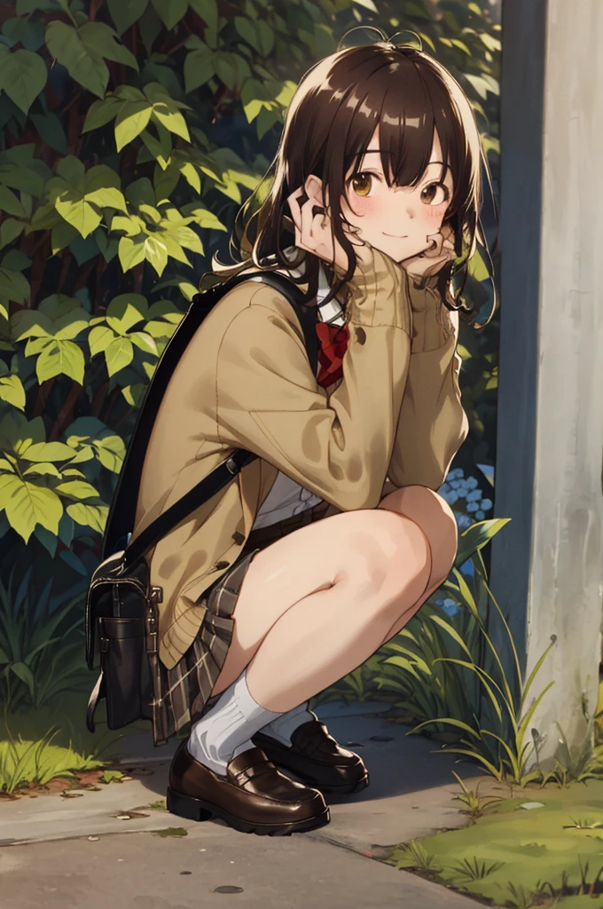 masterpiece, best quality, 1girl, solo, skirt, bag, outdoors, jacket, squatting, socks, shoes, looking at viewer, brown footwear, , plaid, loafers, blazer, brown hair, plaid skirt, black socks, long sleeves, bangs, open clothes, open jacket, bow, brown eyes, pleated skirt, bowtie, day, long hair, full body, bush, red bow, kneehighs, shirt, closed mouth, sleeves past wrists, backpack, hand on own face, red bowtie, black jacket, school bag, blush, plant, brown skirt, hand on own cheek, blurry, from side, hand up, looking to the side, collared shirt, miniskirt, white shirt, cardigan, grass, sweater, light smile