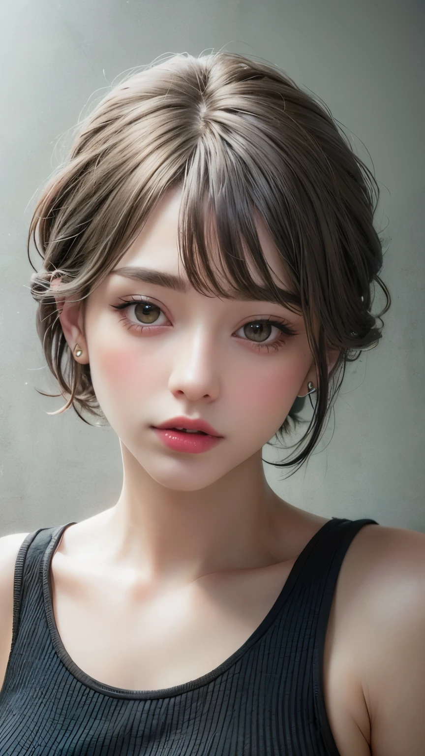 Masterpiece hyperrealist & Photorealistic beautiful girl, Realistic Skin (Pore-filled skin) Short Bob Cut Hair, Realistic red lips,Punk Girl, (head shot:1.5),Shorts