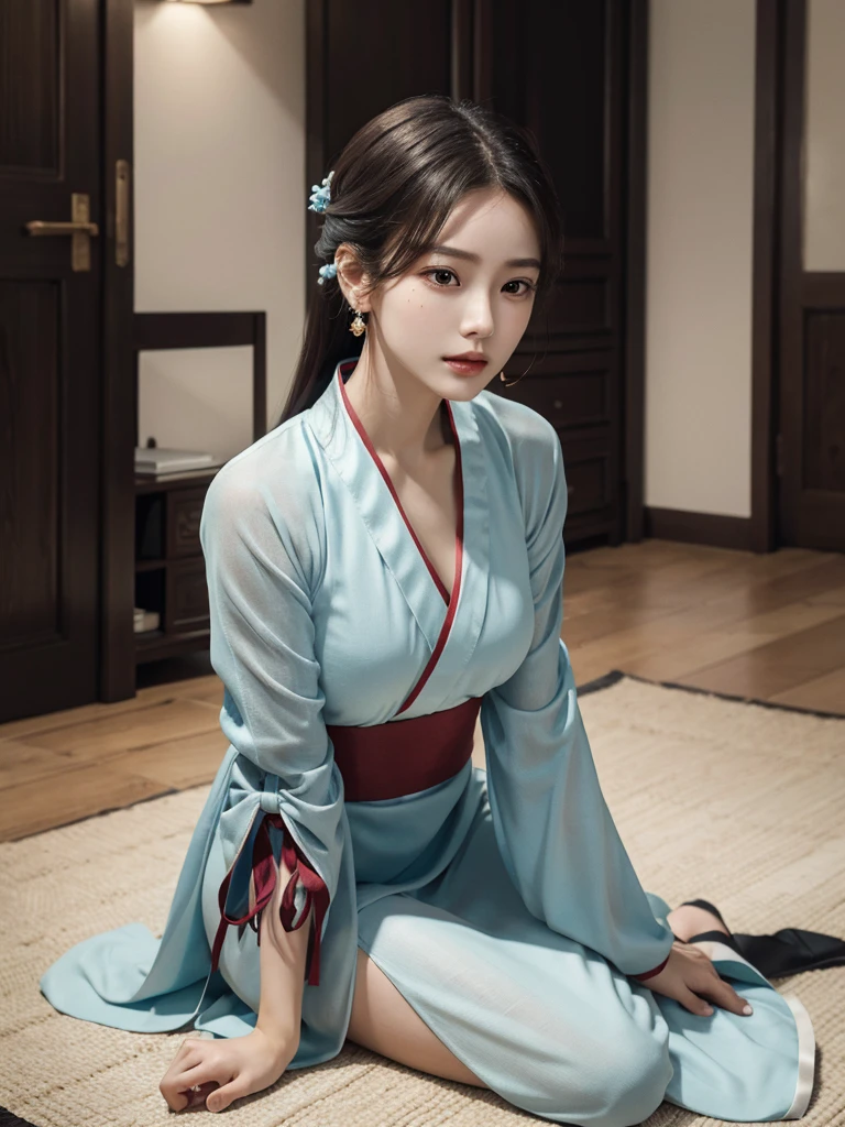 absurdres, RAW photo, extremely delicate and beautiful, masterpiece, Best Quality, ultra high resolution, 32k, hyperrealistic, ultra-detailed, perfect anatomy, super Detailed skin, perfect figure, Super Beauty, Perfect Style, Perfect balance, in her 20s, very small head, very small face, delicate facial features, tearful mole, earring, very huge round breasts, legs, medium hair, full body shot, (Hanfu), indoor,