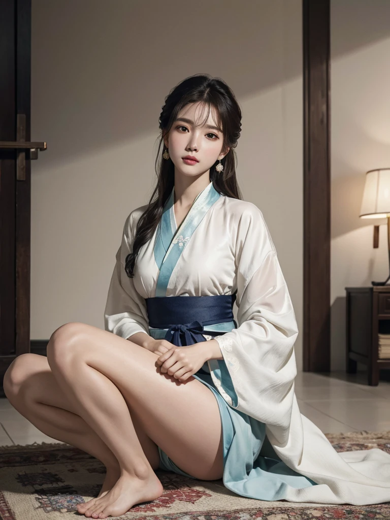 absurdres, RAW photo, extremely delicate and beautiful, masterpiece, Best Quality, ultra high resolution, 32k, hyperrealistic, ultra-detailed, perfect anatomy, super Detailed skin, perfect figure, Super Beauty, Perfect Style, Perfect balance, in her 20s, very small head, very small face, delicate facial features, tearful mole, earring, very huge round breasts, legs, medium hair, full body shot, (Hanfu), indoor,