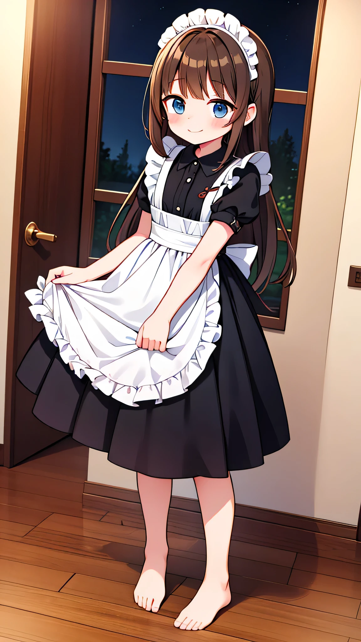 {Highest quality}, {Super beautiful},{Ultra fine},{Best illustration},Brown Hair,Hime cut,semi-long,Bangs,Standing Woman,Maid clothes,Short sleeve,Long black skirt,Night Park,Embarrassed,smilingly,Blushing,Slender women, A woman wearing plain black pumps,Bare feet and pumps,From an angle,From above
