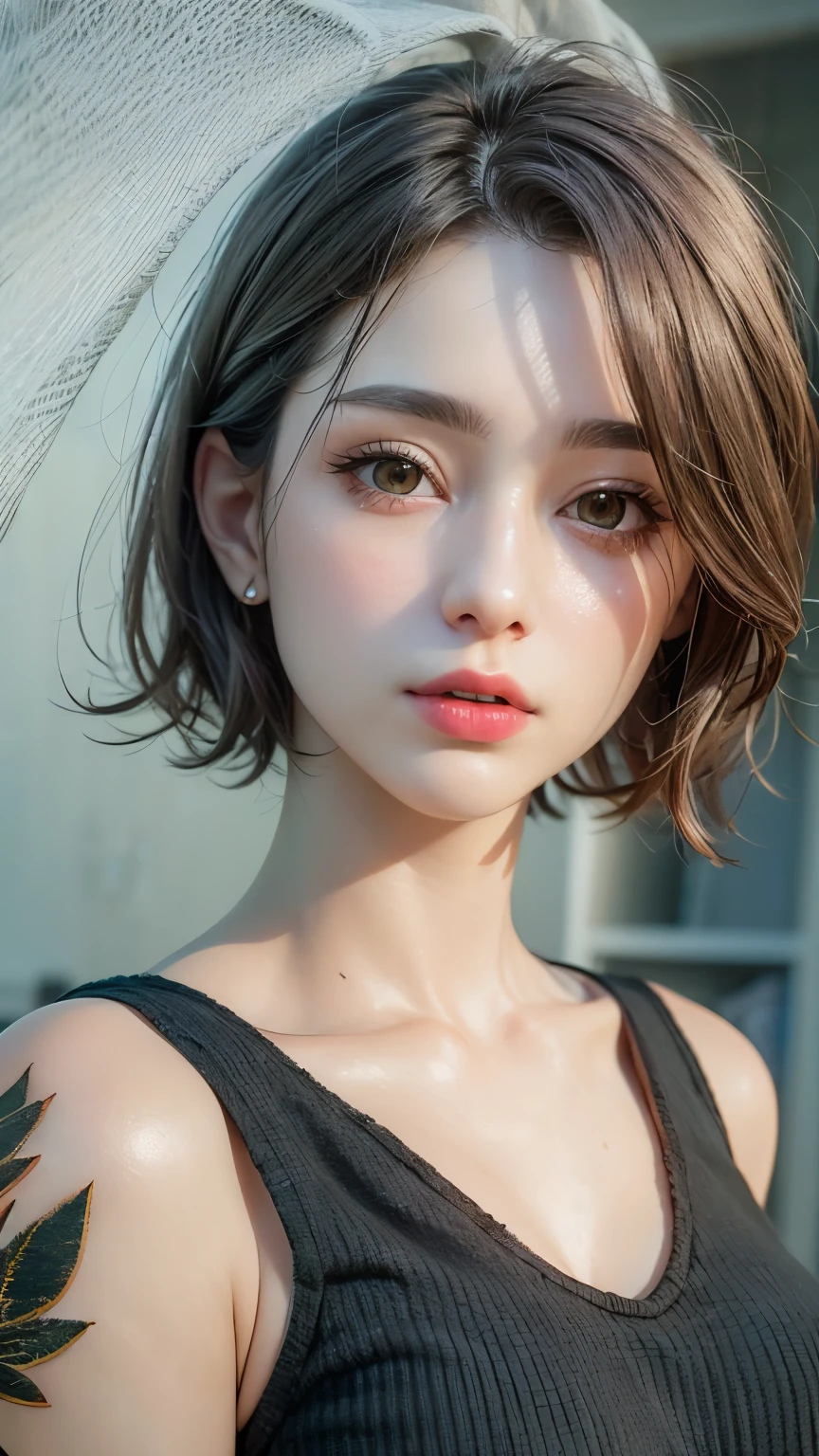 Masterpiece hyperrealist & Photorealistic beautiful girl, Realistic Skin (Pore-filled skin) Short Bob Cut Hair, Realistic red lips,Punk Girl, (head shot:1.5),Shorts