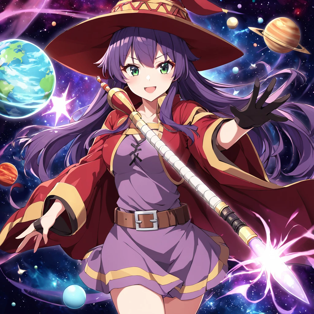 Anime girl,HD,Space Planet Background,Japanese Flag,Purple Long Hair,dark green eyes,Red Witch Hat,Red Cloak,Red long boots,medium breasts,leather belt,1girl,female,beautiful,black glove,Magic wand,aura effect