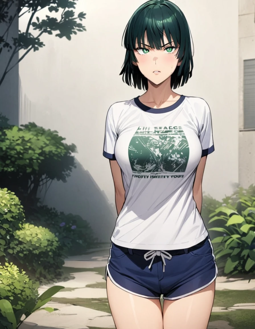 ( masterpiece ) , ( highly detailed ) , (beat quality) , ( perfect face ) , (fubuki) , green eyes , wearing white printed t-shirt and blue shorts , in garden standing with arms crossed behind back