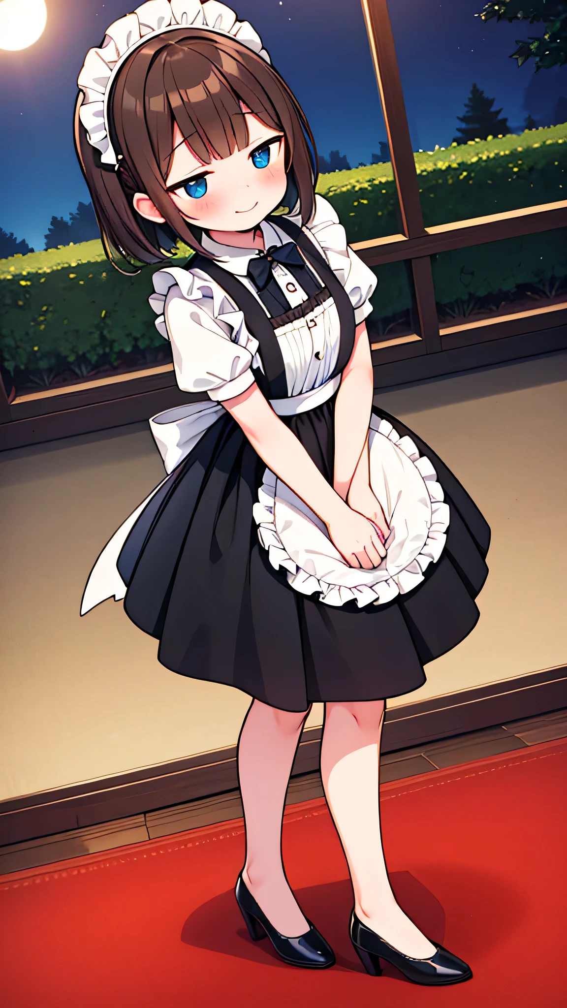 {Highest quality}, {Super beautiful},{Ultra fine},{Best illustration},Brown Hair,Hime cut,semi-long,Bangs,Standing Woman,Maid clothes,Short sleeve,Long black skirt,Night Park,Embarrassed,smilingly,Blushing,Slender women, A woman wearing plain black pumps,Bare feet and pumps,From an angle,From above