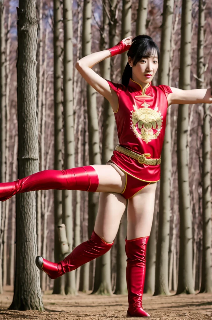 One person is wearing a Chinese red tights with the Chinese national emblem printed on the chest, a Chinese red cloak, red long gloves on both hands, red over-the-knee boots on both feet, and a dragon emblem belt tied around the waist. The full body shot of the super heroine Yangtze and Yellow River Star is shown. body standing posture 100%Portrait photo