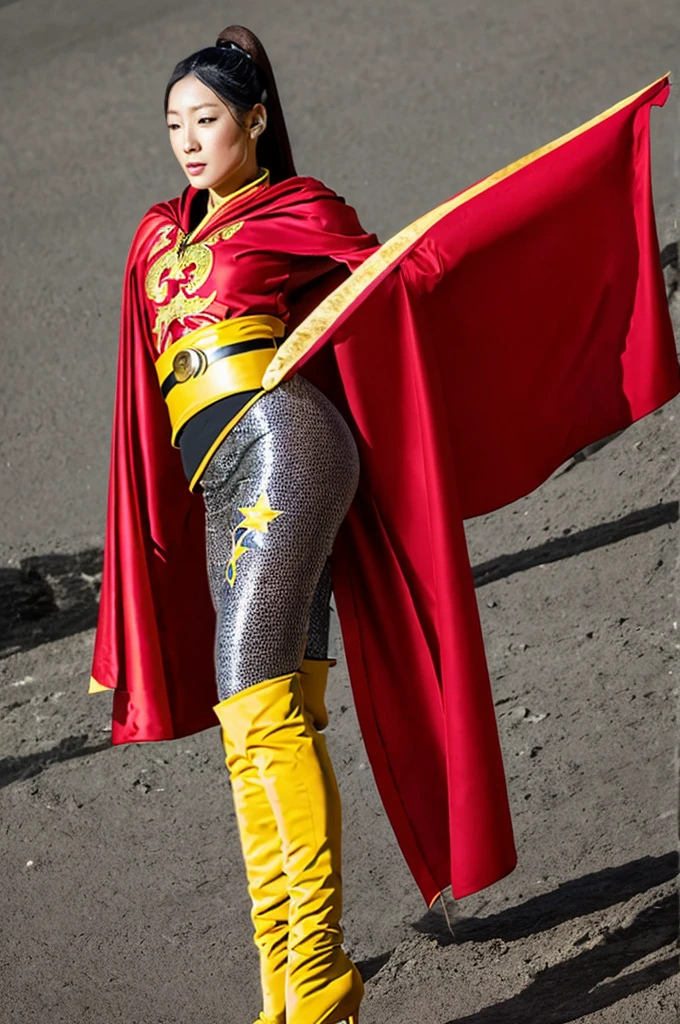 One person is wearing a Chinese red tights with the Chinese national emblem printed on the chest, a Chinese red cloak, red long gloves on both hands, red over-the-knee boots on both feet, and a dragon emblem belt tied around the waist. The full body shot of the super heroine Yangtze and Yellow River Star is shown. body standing posture 100%Portrait photo