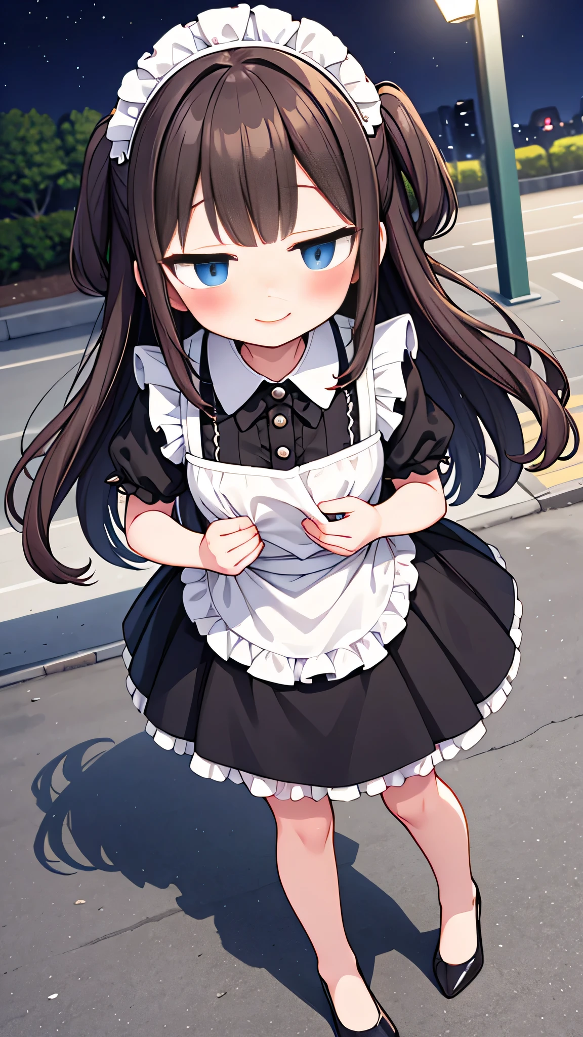 {Highest quality}, {Super beautiful},{Ultra fine},{Best illustration},Brown Hair,Hime cut,semi-long,Bangs,Standing Woman,Maid clothes,Short sleeve,Long black skirt,Night Park,Embarrassed,smilingly,Blushing,Slender women, A woman wearing plain black pumps,Bare feet and pumps,From an angle,From above