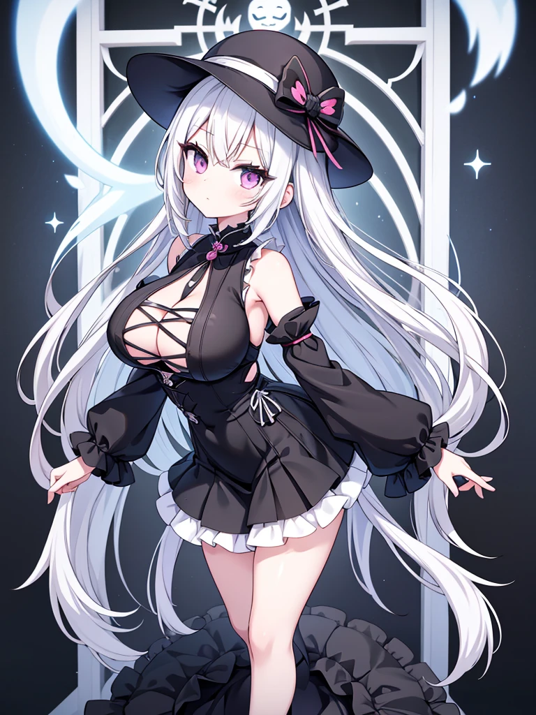 Anime-style image of a woman with white hair and black clothing, Cute 3D anime girl render, Cute anime waifu in a nice dress, Anime VTuber Full Body Model, Anime girl in a black dress, Gothic Maiden Anime Girl, Highly detailed characters, Official character art,Onmyoji,Big Tits,ghost