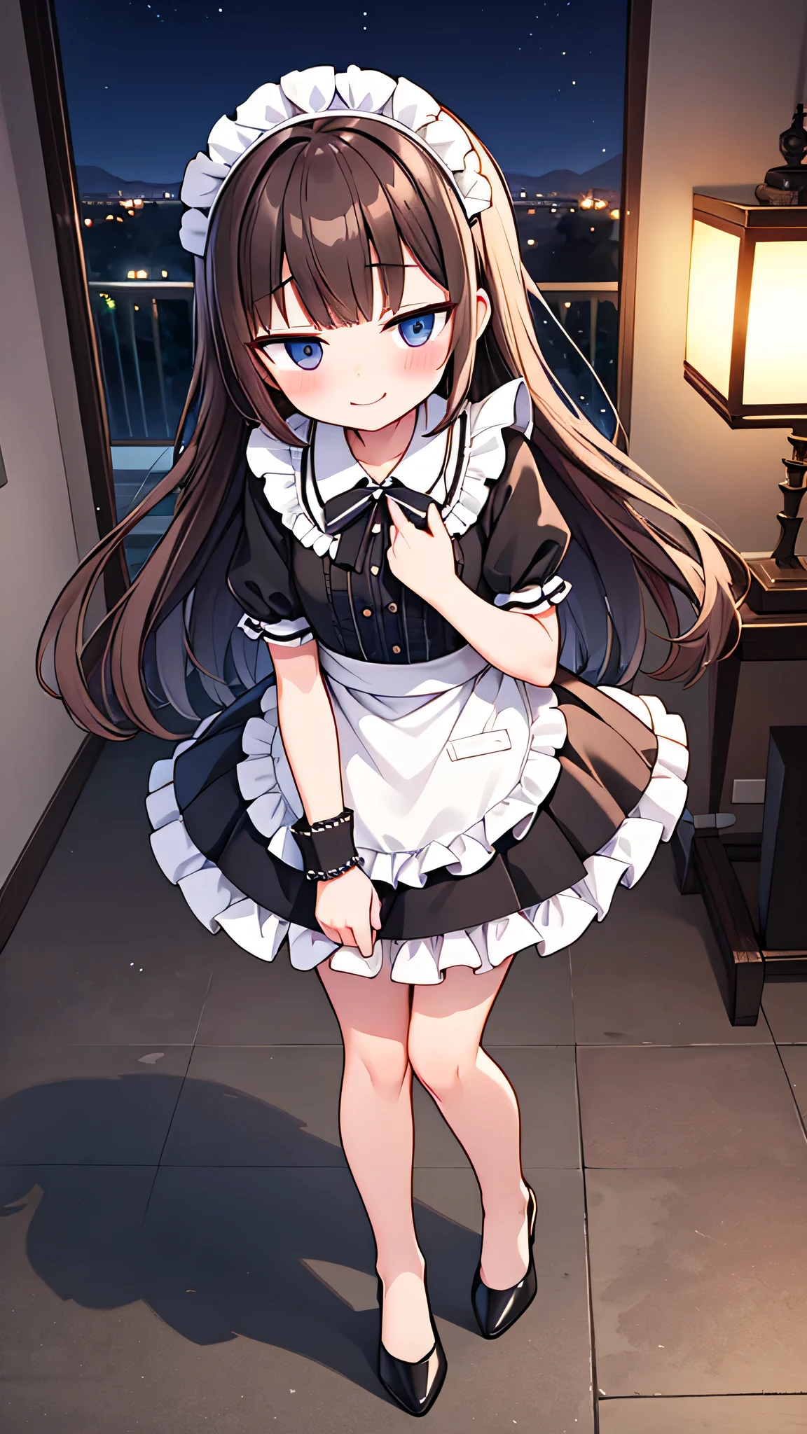 {Highest quality}, {Super beautiful},{Ultra fine},{Best illustration},Brown Hair,Hime cut,semi-long,Bangs,Standing Woman,Maid clothes,Short sleeve,Long black skirt,Night Park,Embarrassed,smilingly,Blushing,Slender women, A woman wearing plain black pumps,Bare feet and pumps,From an angle,From above