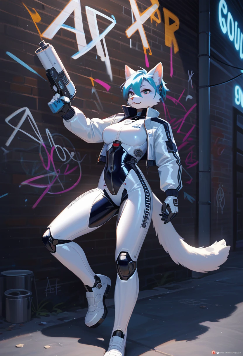 animation, Highest quality, Highest quality, High quality illustrations, masterpiece, Ultra-high resolution, Detailed Background, Alley, night, Graffiti art on the wall, Absurd, Perfect Anatomy, performance, Good lighting, Shadows in the movies(kemono, Furry PersonifiCation), Cat, woman, Blueskin, White Rubber Suit, latex, neon, neonライト, neonカラー, Bodysuits, Cyber Suit, Mech Suit, Rubber Half Jacket, cyber punk, Blade Runner, He has a gun in his right hand, Holding a blade in his left hand