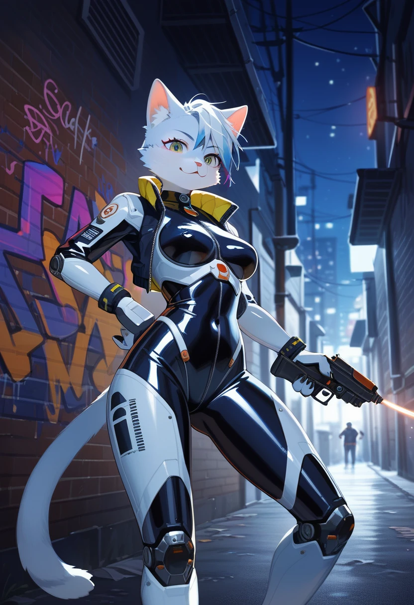 animation, Highest quality, Highest quality, High quality illustrations, masterpiece, Ultra-high resolution, Detailed Background, Alley, night, Graffiti art on the wall, Absurd, Perfect Anatomy, performance, Good lighting, Shadows in the movies(kemono, Furry PersonifiCation), Cat, woman, Blueskin, White Rubber Suit, latex, neon, neonライト, neonカラー, Bodysuits, Cyber Suit, Mech Suit, Rubber Half Jacket, cyber punk, Blade Runner, He has a gun in his right hand, Holding a blade in his left hand