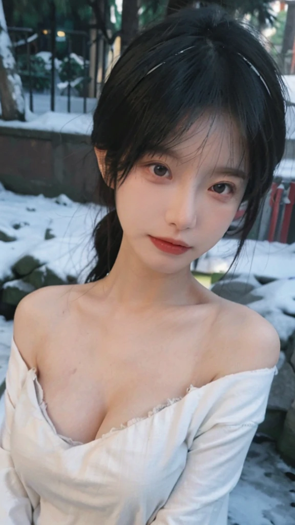 Portrait photography,1 girl,Off Shoulder,Snow Scene,Snowing background,Off Shoulder蝴蝶印花连衣裙女夏季性感辣妹收腰修身包臀裙子,Flowers,White,whole body:1.4,Lipstick,(Big Breasts:1.6),Headband,serene,calm,(Realistic and detailed eyes,Natural skin texture,Realistic facial details),