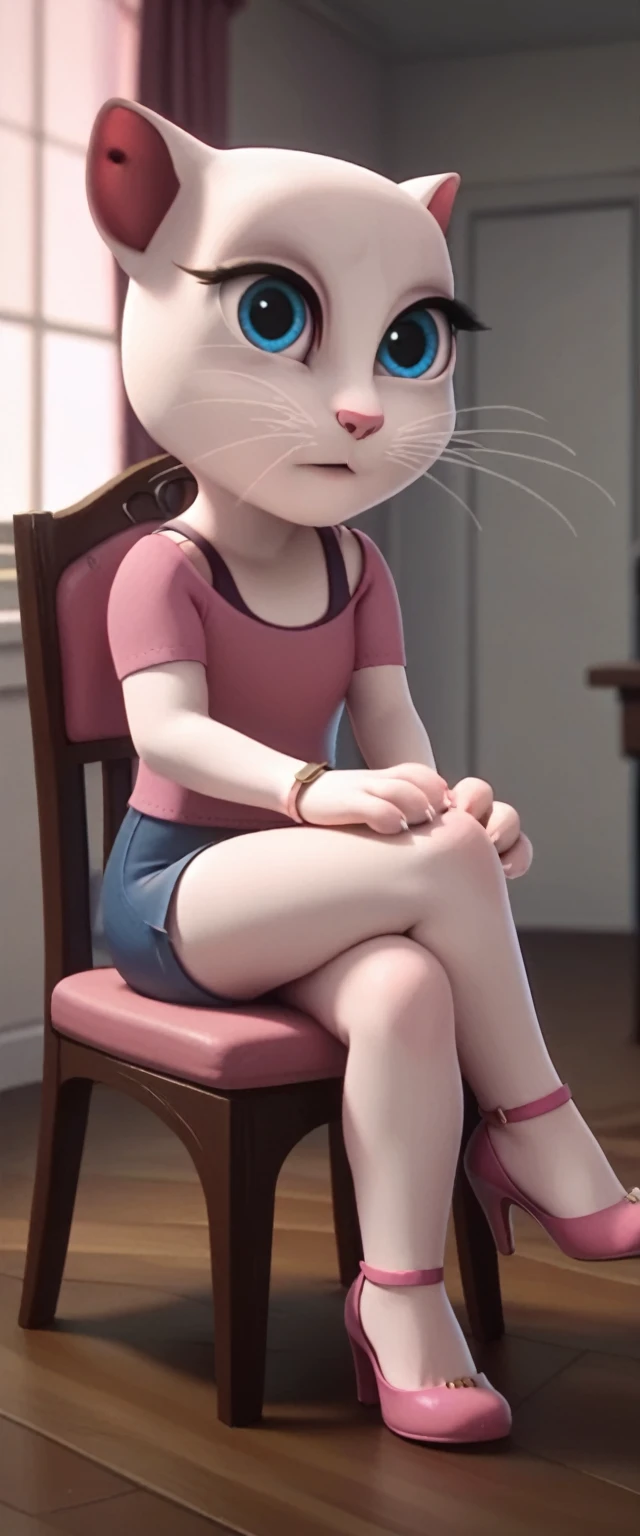 1 girl, cat, white fur, long whiskers on both sides of the face, large bright blue eyes, large black eyelashes, small pink nose, triangular ears with pink channels. There are high heels. Side view legs of woman on chair with legs displayed above. crossed legs