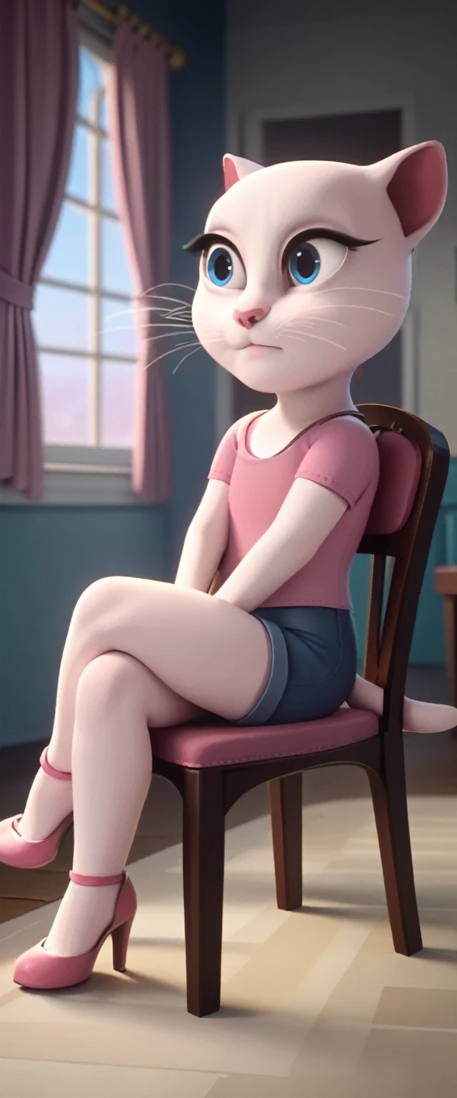 1 girl, cat, white fur, long whiskers on both sides of the face, large bright blue eyes, large black eyelashes, small pink nose, triangular ears with pink channels. There are high heels. Side view legs of woman on chair with legs displayed above. crossed legs