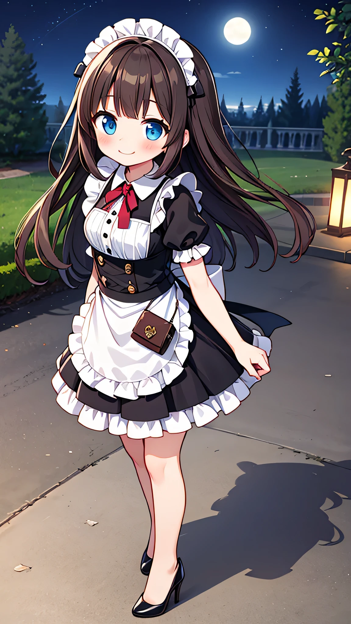 {Highest quality}, {Super beautiful},{Ultra fine},{Best illustration},Brown Hair,Hime cut,semi-long,Bangs,Standing Woman,Maid clothes,Short sleeve,Long black skirt,Night Park,Embarrassed,smilingly,Blushing,Slender women, A woman wearing plain black pumps,Bare feet and pumps,From an angle,From above