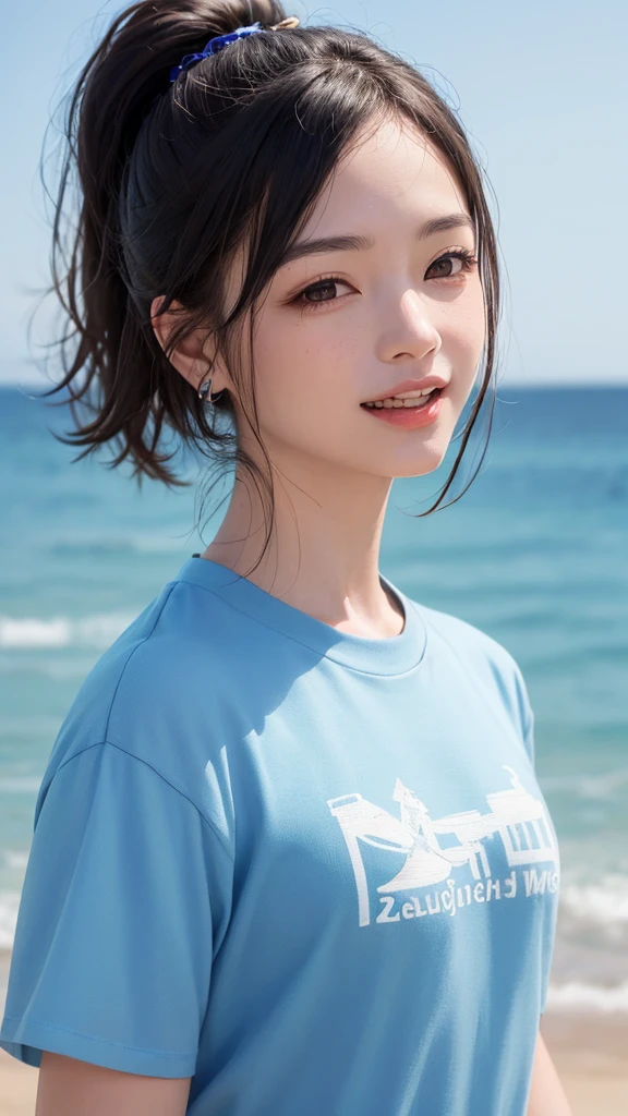(highest quality、8k、32K、masterpiece)、(realistic)、(Photoreal:1.2)、(High resolution)、Super detailed、very beautiful face and eyes、1 girl、round and small face、thin waist、delicate body、(close、highest quality、high detail、rich skin details)、(highest quality、8k、oil paint:1.2)、Super detailed、(realistic、realistic:1.37)、bright colors、(((cheeks are flushed)))、(((I'm blonde)))、(((laughter)))、(((bust shot)))、((short hair、ponytail))、(((Pure white wall background)))、(((she is wearing a blue t-shirt)))、(((pure white wall background)))、(((blue and light blue clothes)))、(((The shirt has a picture of the sea written on it.)))、(((It is a short sleeve T-shirt)))、(((大laughterしています、I'm holding my mouth)))、(((Teeth are visible)))、(((I have my hand on my chin)))