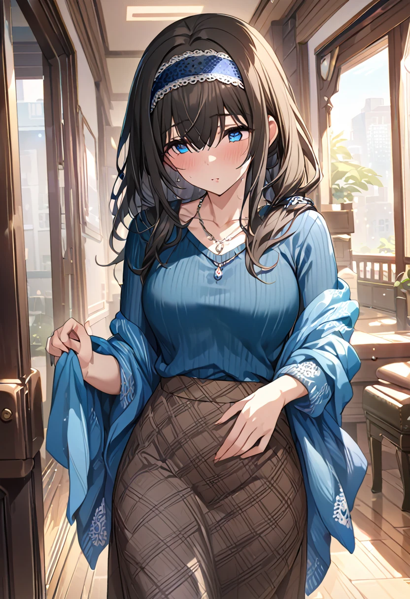 sgswfmk, long hair, brown hair, black hair, bangs, hair between eyes, blue eyes, hairband, necklace, blue sweater, blue shawl, brown skirt, masterpiece, best quality, high resolution, high details
