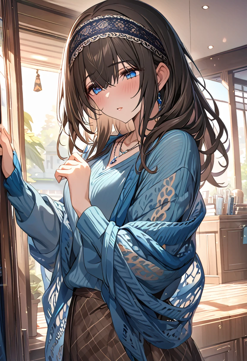 sgswfmk, long hair, brown hair, black hair, bangs, hair between eyes, blue eyes, hairband, necklace, blue sweater, blue shawl, brown skirt, masterpiece, best quality, high resolution, high details
