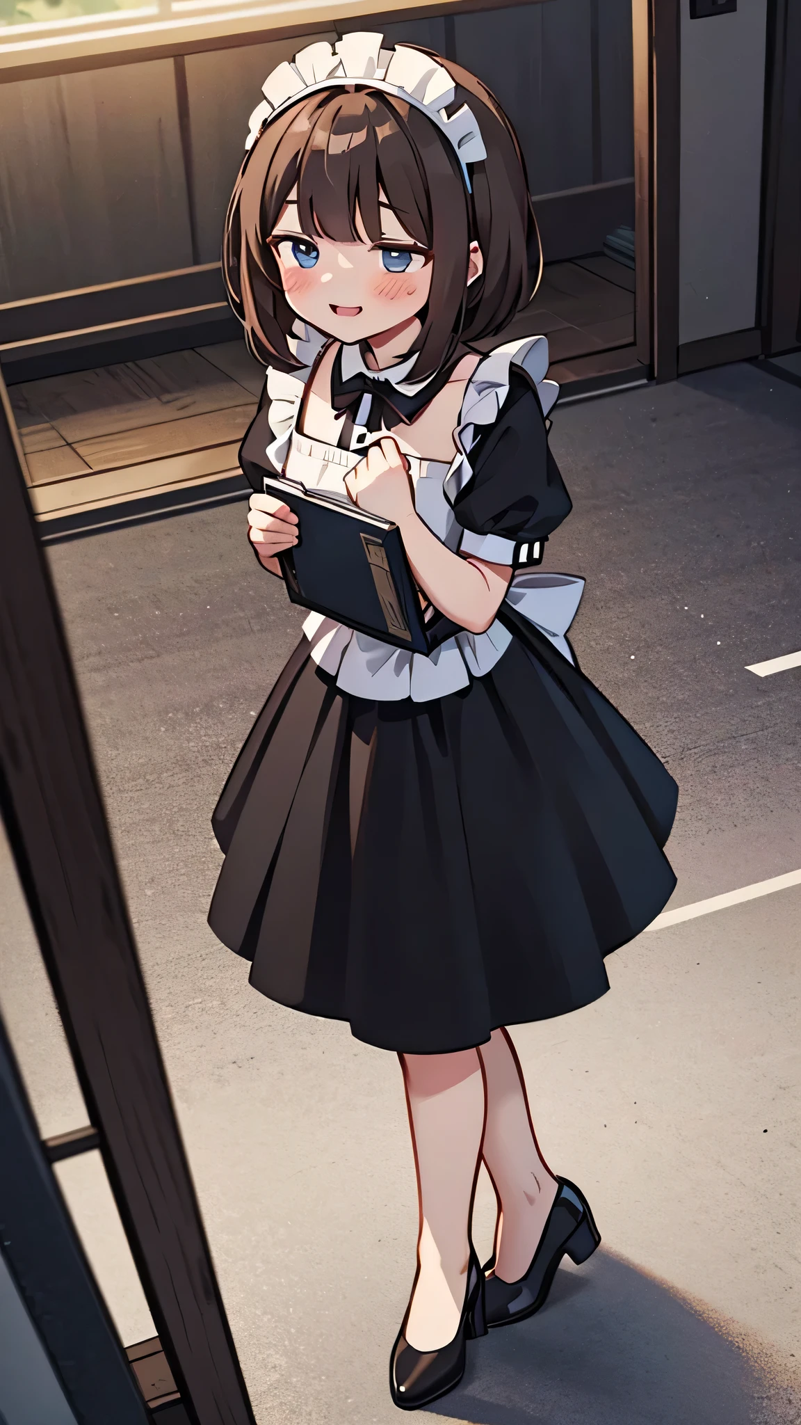 {Highest quality}, {Super beautiful},{Ultra fine},{Best illustration},Brown Hair,Hime cut,semi-long,Bangs,Standing Woman,Maid clothes,Short sleeve,Long black skirt,Night Park,Embarrassed,smilingly,Blushing,Slender women, A woman wearing plain black pumps,Bare feet and pumps,From an angle,From above