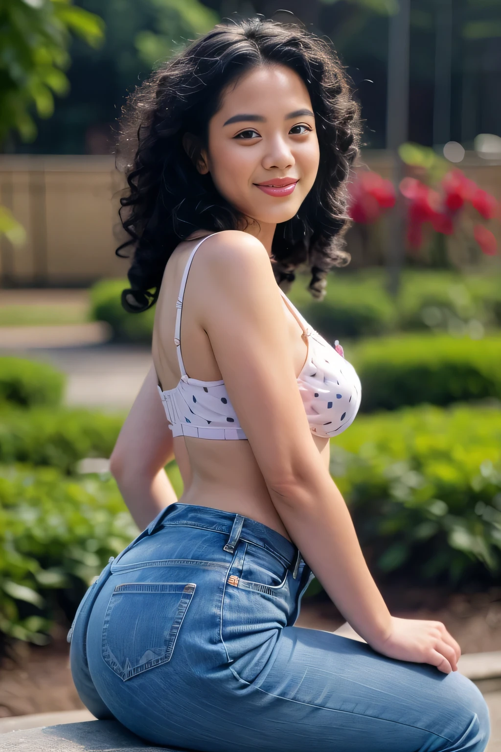 Malay girl wearing undersize lilac satin bra (polkadot pattern), tight jeans, open shirt, portrait photography, realistic skin, ultra detail, professional photograph with professional lighting, smile, at the garden, outdoor background, curly hair, sexy seducing pose, curvy body, butt closed up angle