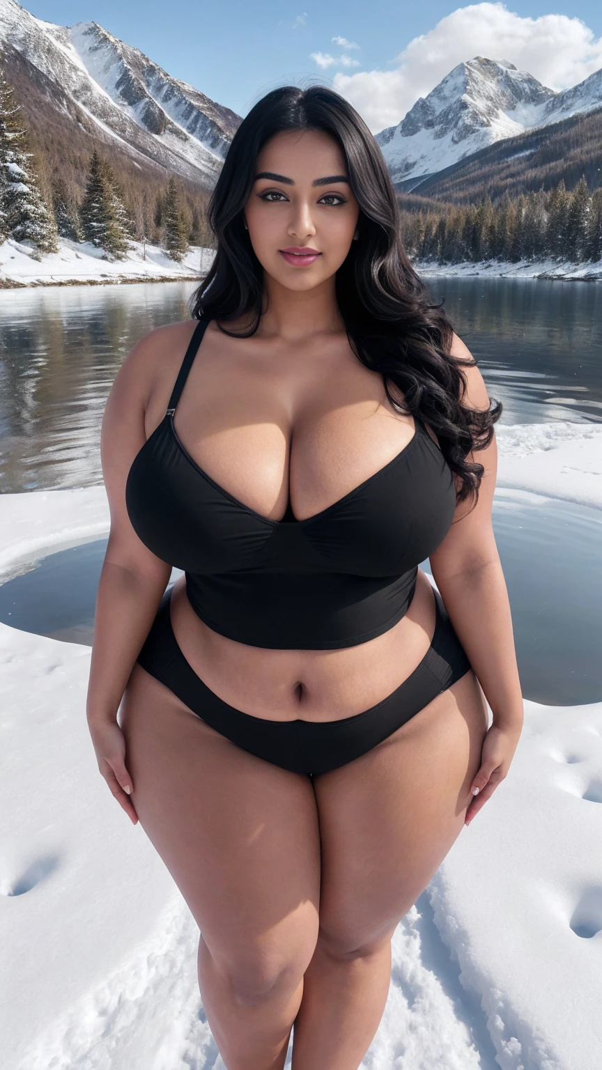 Radhika marchent Indian beautiful actress curvy plus size hour glass bulky huge figure woman, closeup camera view, big huge m-cup breast, wearing SHEIN VCAY Plus Size Women's Gradient Color Camisole Tank Top, covered Bust , elegant standing position, eye contact view, different style hairstyle, bright eyes, thin eyebrows, fair skin, blushing cheeks, prefect head to toe view, full body, ideal for high-fashion or editorial shoots, ultra realistic skin texture, head to toe view, full body shot, full body view, smile face, black hair, Indian face, perfect skin tone light, ultra realistic skin texture, bigger waist, busty, big hips, fleshy thighs, thick thighs, busty, full body view, Snowy Mountain Peak: Majestic snow-covered mountains.