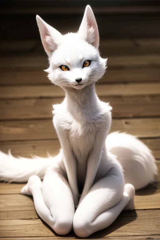 WHITE FOX, WITH A BLACK TAIL, BIG EYES, SITTING ON THE FLOOR, grinning, laughing, smiling, having fun.