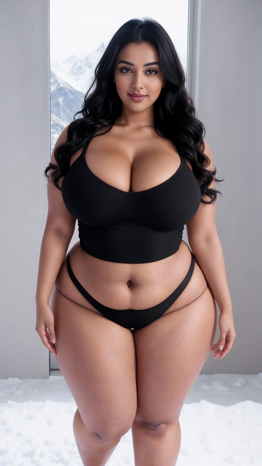 Radhika marchent Indian beautiful actress curvy plus size hour glass bulky huge figure woman, closeup camera view, big huge m-cup breast, wearing SHEIN VCAY Plus Size Women's Gradient Color Camisole Tank Top, covered Bust , elegant standing position, eye contact view, different style hairstyle, bright eyes, thin eyebrows, fair skin, blushing cheeks, prefect head to toe view, full body, ideal for high-fashion or editorial shoots, ultra realistic skin texture, head to toe view, full body shot, full body view, smile face, black hair, Indian face, perfect skin tone light, ultra realistic skin texture, bigger waist, busty, big hips, fleshy thighs, thick thighs, busty, full body view, Snowy Mountain Peak: Majestic snow-covered mountains.