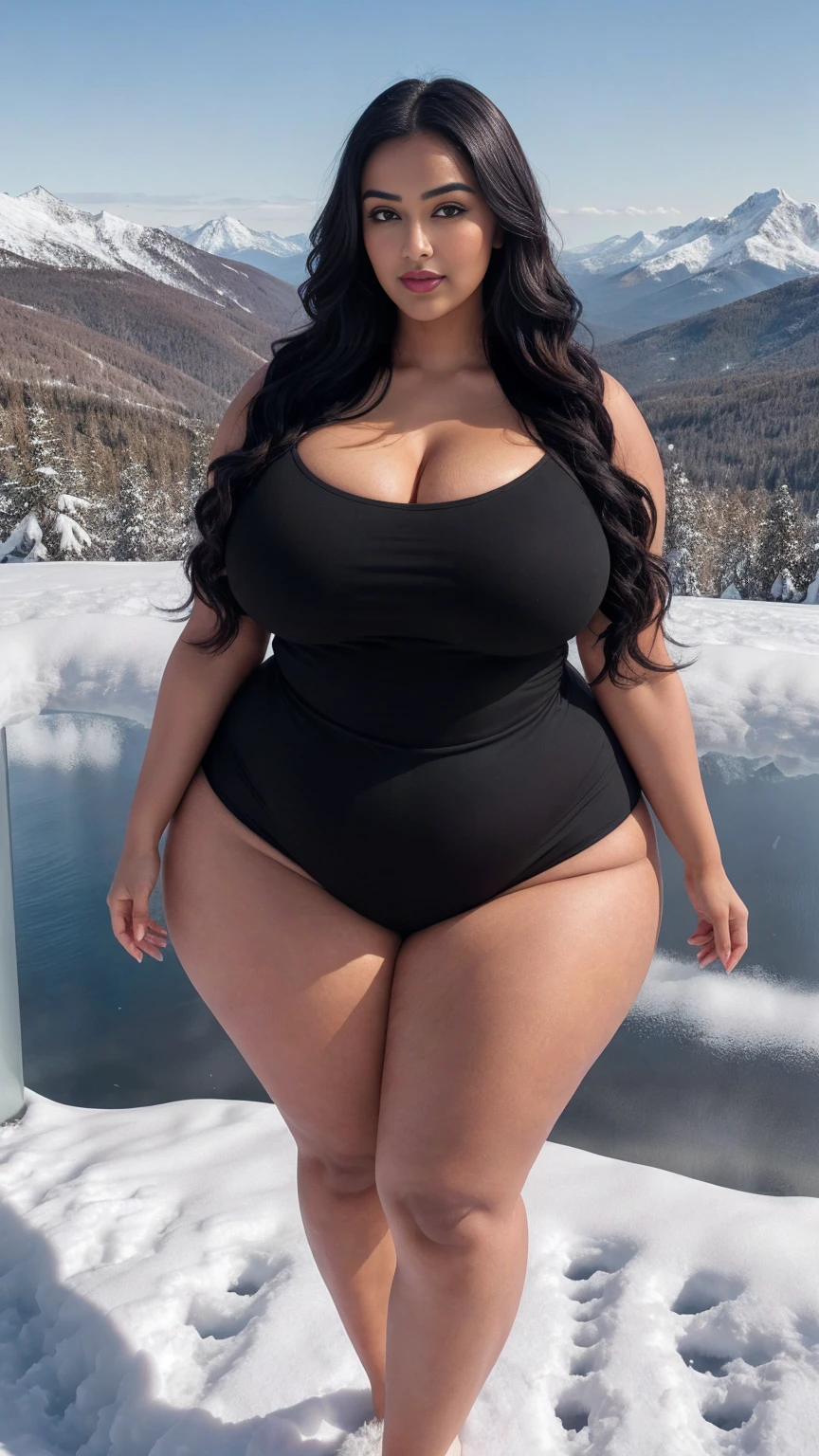 Radhika marchent Indian beautiful actress curvy plus size hour glass bulky huge figure woman, closeup camera view, big huge m-cup breast, wearing SHEIN VCAY Plus Size Women's Gradient Color Camisole Tank Top, covered Bust , elegant standing position, eye contact view, different style hairstyle, bright eyes, thin eyebrows, fair skin, blushing cheeks, prefect head to toe view, full body, ideal for high-fashion or editorial shoots, ultra realistic skin texture, head to toe view, full body shot, full body view, smile face, black hair, Indian face, perfect skin tone light, ultra realistic skin texture, bigger waist, busty, big hips, fleshy thighs, thick thighs, busty, full body view, Snowy Mountain Peak: Majestic snow-covered mountains.