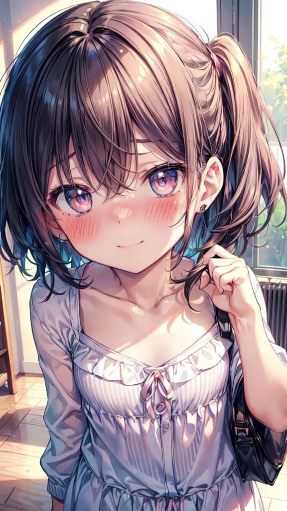 (Ultra-high resolution of the highest quality, masutepiece, Best Quality, 8K, Super Detail, Best Quality:1.3), (Anatomically correct:1.3), (face shot:1.6), (1 ), (Child), (Loli), (inf, (Small body), (flat chest), (elementary school student), (blush face:1.6), short black wavy hair, bangs hair over eyes, (drooping eyes), (loungewear), girl's own room, funny smile, (beautiful hair, beautiful eyes, beautiful face) (face focus, human ear focus, clavicle focus), from side