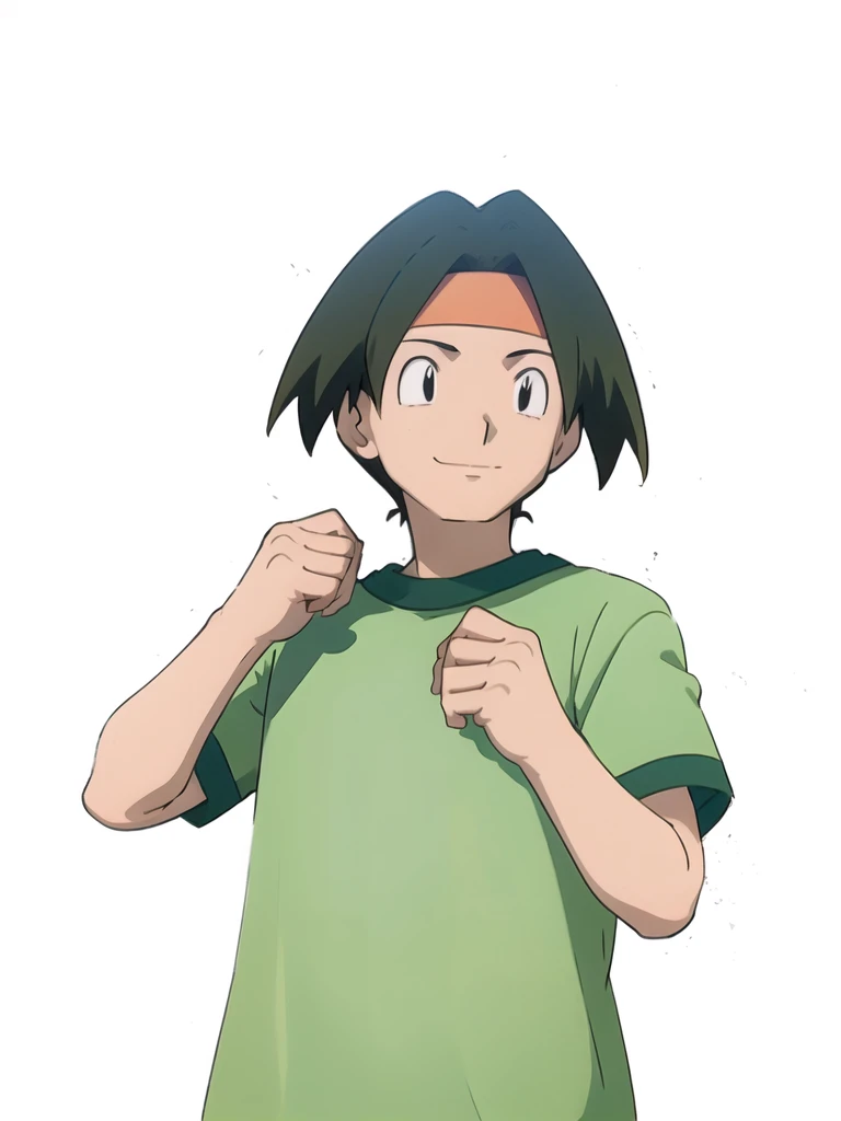 Tracey, 独奏, smile, shirt, 1boy, closed mouth, upper body, male focus, outdoors, sky, cloud, black eyes, green shirt, anime coloring,Redraw it with a beautiful anime picture,Do not change the design or details