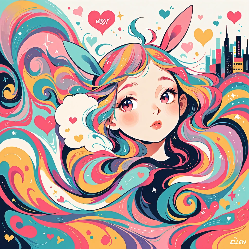 Simple line initials，Abstract art，Urban Background, Colorful camouflage pattern ,(((The most beautiful girl of all time))), Poster,Jim Mahfood,ellen jewett, Super detailed, High Contrast,masterpiece, White Background、Simple line initials，Abstract art，Urban Background, Colorful Hearts ,(((The most beautiful girl of all time))), Cute Grim Reaper Character、Beautiful illustrations, Highest quality, Cute Grim Reaper、Bedroom, pastel colour, Fluffy bunny ears, , Silver long hair,