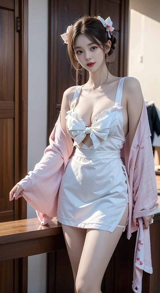 kimono,apron,bow,puffy sleeves, ((Full breasts)), ((Chest Window, Visible cleavage)), ((Showing off sexy legs)), ((knee shot)), ((Standing, Elegant posture)), ((slim body，Very thin)), 1girl,独奏, Cute Girl, red makeup, Ancient makeup, Beauty, Practical, Fashion Girl, Red lips, Mature women, Exquisite makeup, big eyes, beautiful, (best quality, masterpiece:1.2), Extremely detailed, (Practical:1.37), ((Random Scenes, Random shooting angle)), ((Sexy long legs)), Young and energetic, Charming model, (Exquisite eyes, Delicate lips), Show a bright smile, Create stunning girl images, warm color, Extremely saturated colors, Official Art, Extremely detailed的 CG, Unity 8K wallpaper, (High Dynamic Range :1.4), (Movie atmosphere),(Soft colors), (Natural skin texture, ultra-Practical, Soft Light, sharp),(Very detailed), night, moonlight