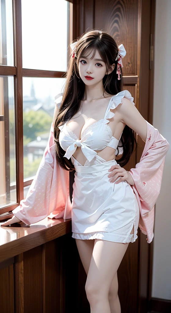 kimono,apron,bow,puffy sleeves, ((Full breasts)), ((Chest Window, Visible cleavage)), ((Showing off sexy legs)), ((knee shot)), ((Standing, Elegant posture)), ((slim body，Very thin)), 1girl,独奏, Cute Girl, red makeup, Ancient makeup, Beauty, Practical, Fashion Girl, Red lips, Mature women, Exquisite makeup, big eyes, beautiful, (best quality, masterpiece:1.2), Extremely detailed, (Practical:1.37), ((Random Scenes, Random shooting angle)), ((Sexy long legs)), Young and energetic, Charming model, (Exquisite eyes, Delicate lips), Show a bright smile, Create stunning girl images, warm color, Extremely saturated colors, Official Art, Extremely detailed的 CG, Unity 8K wallpaper, (High Dynamic Range :1.4), (Movie atmosphere),(Soft colors), (Natural skin texture, ultra-Practical, Soft Light, sharp),(Very detailed), night, moonlight